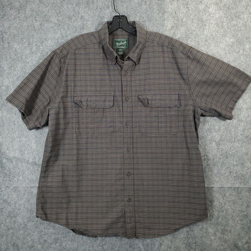 WOOLRICH Shirt Mens XL Flannel Buffalo Check Button Up Short Sleeve Brown Cotton